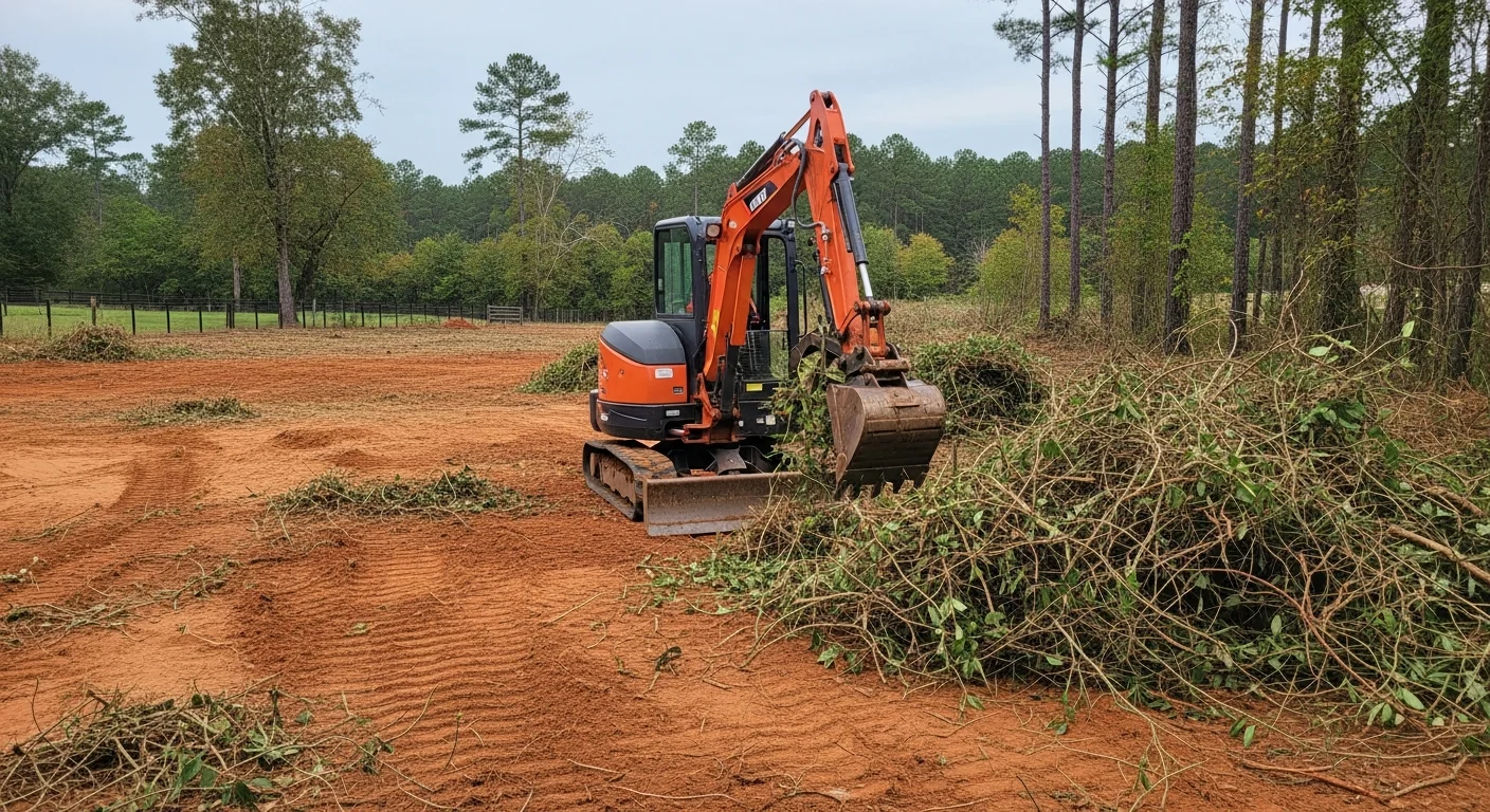 A cleared residential lot in Lexington County, South Carolina, showing open ground after dense brush, vines, and undergrowth have been removed by an excavation contractor. Bare soil and trimmed edges are visible where heavy overgrowth once covered the property.