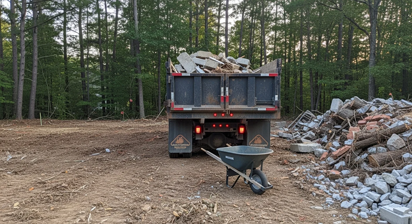 A cleared residential lot in Lexington County, South Carolina, with a debris hauling truck loaded with brush, stumps, and construction material ready for transport. The site is clean and graded, showing the property after a full debris removal by BG Land Clearing.