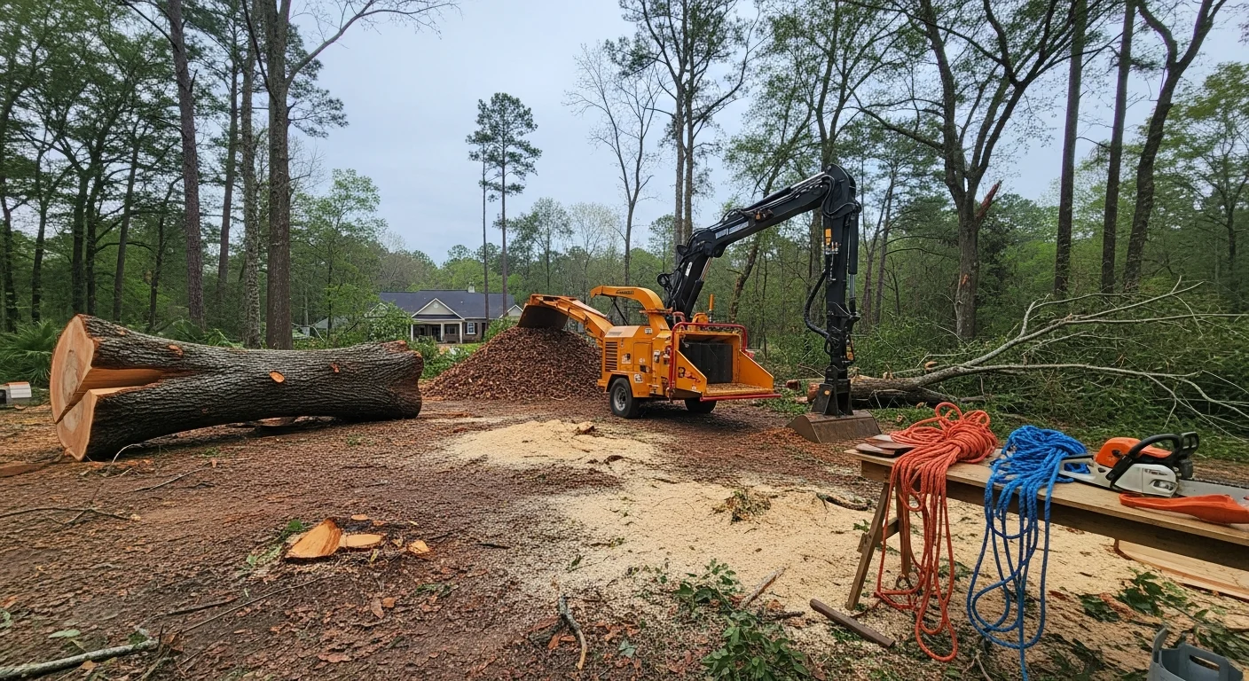 A large storm-damaged tree removed from a residential property in Lexington County, South Carolina, with cut trunk sections stacked and debris cleared from the yard. A BG Land Clearing crew works near the cleared site with professional removal equipment visible.