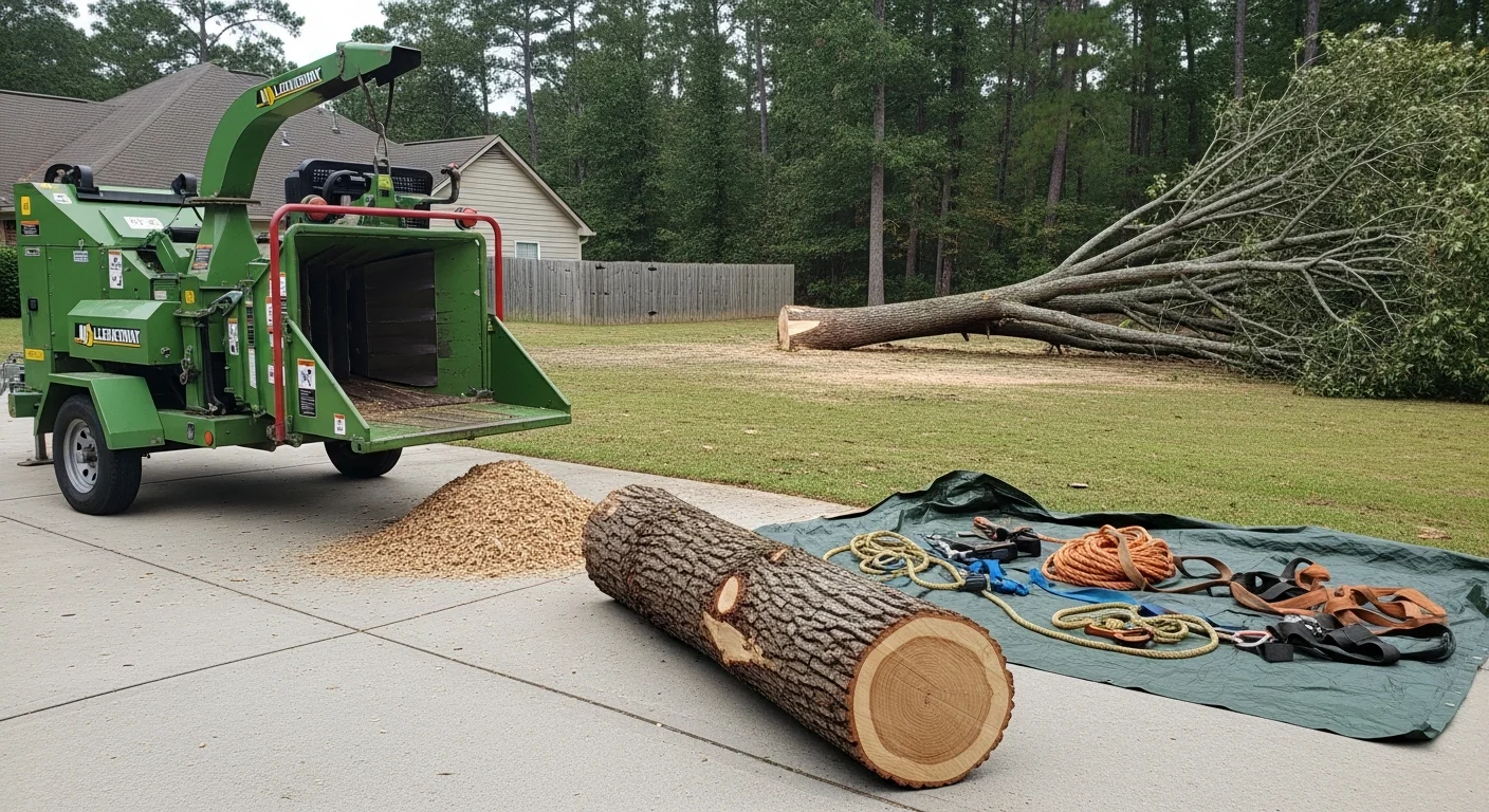 A large fallen pine tree lying across a residential driveway in Lexington County, SC, with a land clearing crew sectioning the trunk for removal. The surrounding yard shows storm debris and cleared ground where the tree previously stood.