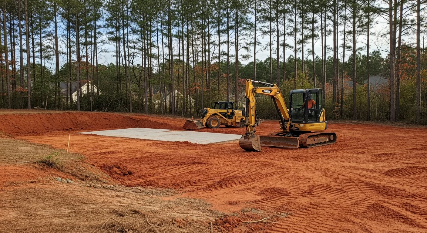 A graded residential lot in Lexington County, South Carolina showing a smooth, compacted soil surface sloped away from a building pad. Heavy equipment tracks are visible across the cleared and leveled ground, with a tree line at the rear of the property.
