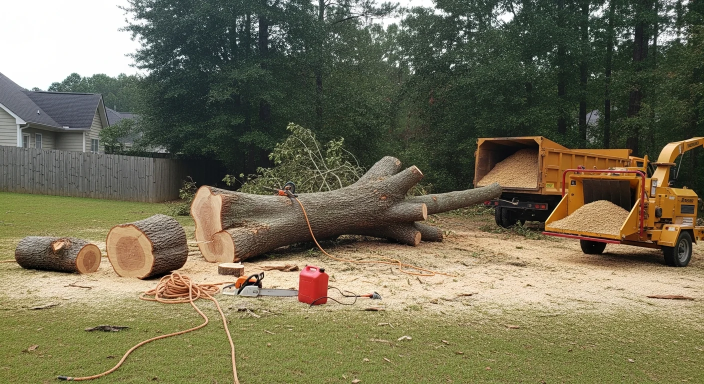 A large hazardous tree with a cracked trunk being removed in sections near a residential home in Lexington County, South Carolina. The surrounding yard is clear of debris after the removal is complete.