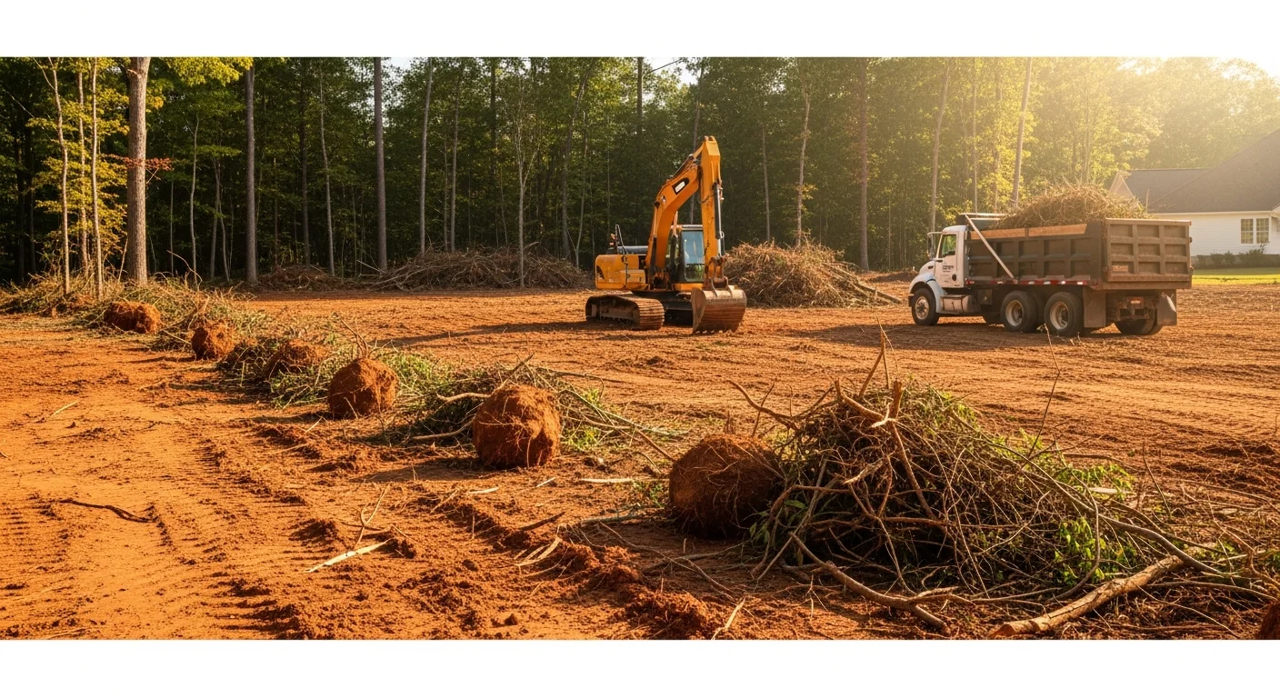 A Lexington County, SC wooded lot after professional land clearing, showing bare ground with stumps removed and the site leveled and ready for construction. Heavy equipment is visible at the edge of the cleared area where dense tree line meets open soil.