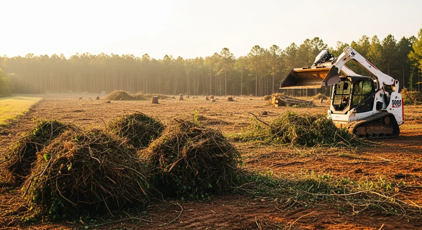 A cleared residential lot in Lexington County, South Carolina, showing bare ground and open space after overgrown brush, vines, and dense undergrowth have been removed. Heavy equipment tracks are visible at the edge of the cleared area where thick vegetation once covered the property.