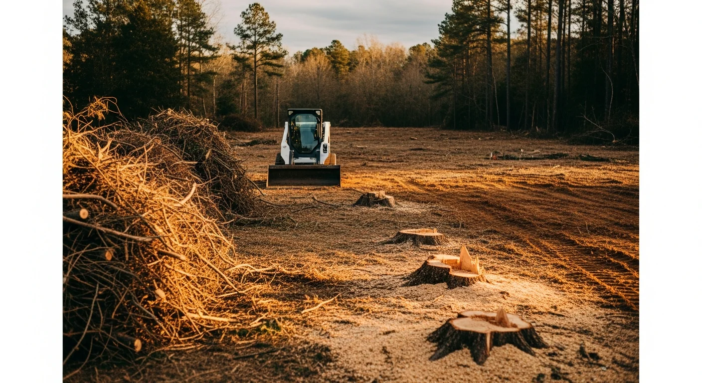 A cleared residential lot in Lexington County, South Carolina, with all brush, debris, and overgrowth removed by BG Land Clearing. The site shows bare, level ground ready for construction or landscaping.