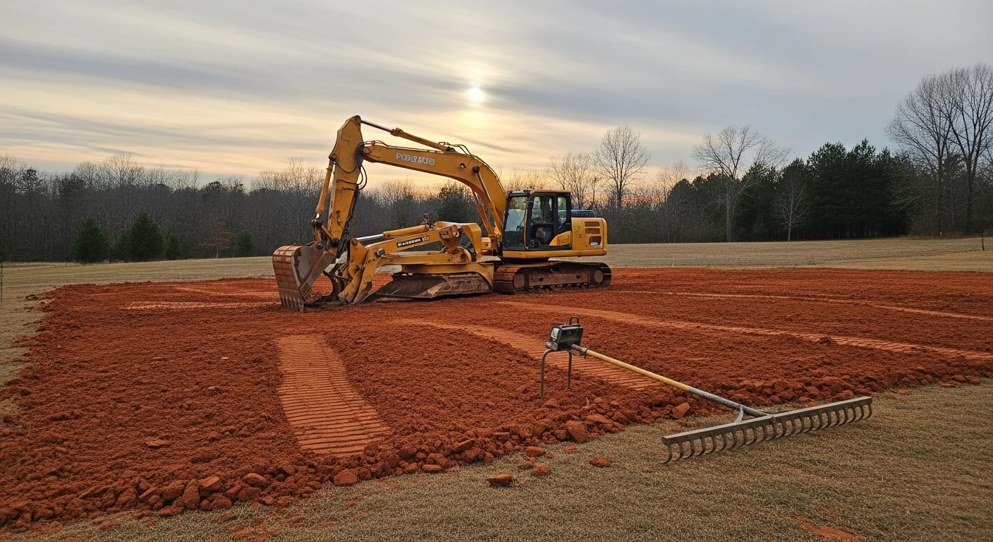 A Lexington County, SC lot cleared and graded by BG Land Clearing, showing compacted red clay soil leveled and shaped for residential construction. Excavation equipment is visible at the edge of the prepared site with no remaining stumps or vegetation.