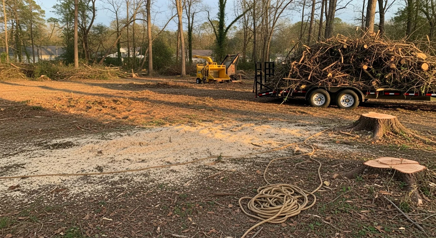 A Lexington County residential property after storm debris removal, showing a cleared yard with no fallen trees or brush piles remaining. Heavy land clearing equipment is visible in the background near a wooded lot edge.