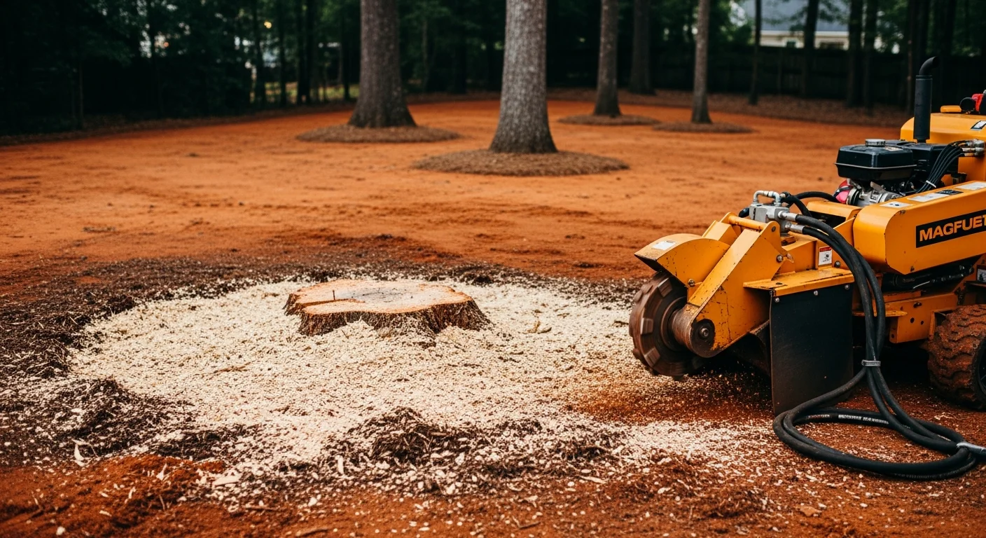 A freshly ground tree stump on a residential lawn in Lexington County, SC, with wood chip mulch spread across the cleared area. The surrounding grass and landscaping remain undisturbed after the stump grinding service.