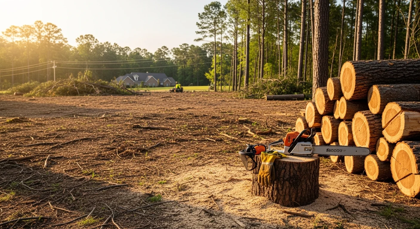 A large loblolly pine being removed in sections by a tree service crew in a residential yard in Lexington County, South Carolina. The surrounding lawn and fence line are clear of damage, with cut trunk sections stacked nearby.