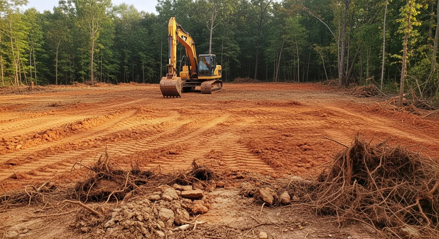 A Lexington County, SC property after professional vegetation removal by BG Land Clearing, showing a cleared lot with stumps and root systems removed and bare ground ready for excavation. Heavy equipment is visible on a clay-soil site with surrounding tree line intact.